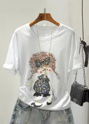 Colorblock Cartoon Print Cotton Top O Neck Short Sleeve