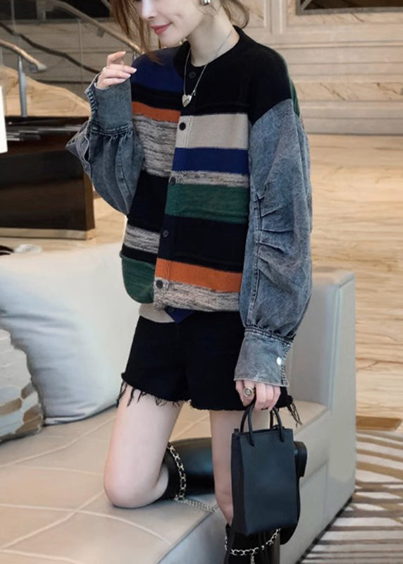 Colorblock Denim Patchwork Knitted Sweater Coat Women Autumn And Winter 2025