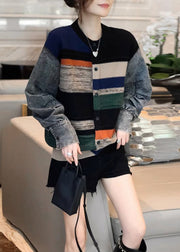 Colorblock Denim Patchwork Knitted Sweater Coat Women Autumn And Winter 2025