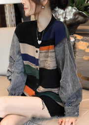 Colorblock Denim Patchwork Knitted Sweater Coat Women Autumn And Winter 2025