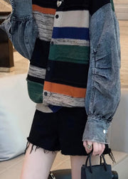 Colorblock Denim Patchwork Knitted Sweater Coat Women Autumn And Winter 2025