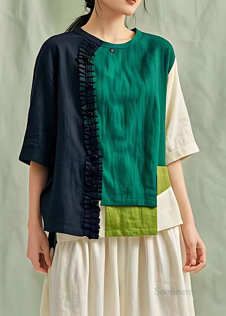 Colorblock Linen Shirt Top Asymmetrical Design Summer