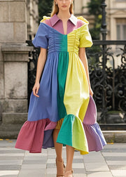 Colorblock Patchwork Chiffon Long Dresses Asymmetrical Wrinkled Summer