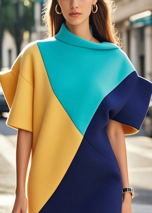 Colorblock Patchwork Cotton Day Dress Asymmetrical Design Summer