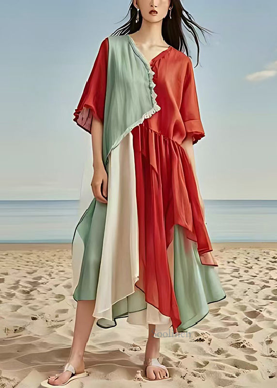 Colorblock Patchwork Cotton Long Dresses Asymmetrical Summer