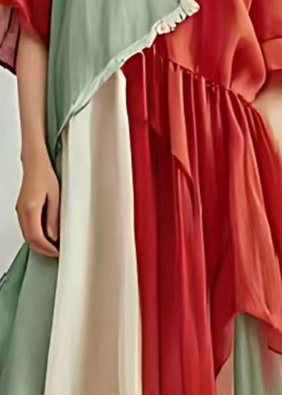 Colorblock Patchwork Cotton Long Dresses Asymmetrical Summer