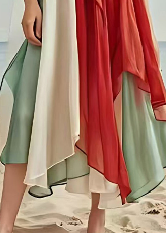 Colorblock Patchwork Cotton Long Dresses Asymmetrical Summer