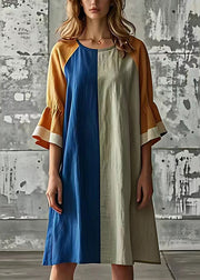 Colorblock Patchwork Cotton Robe Dresses Oversized Flare Sleeve