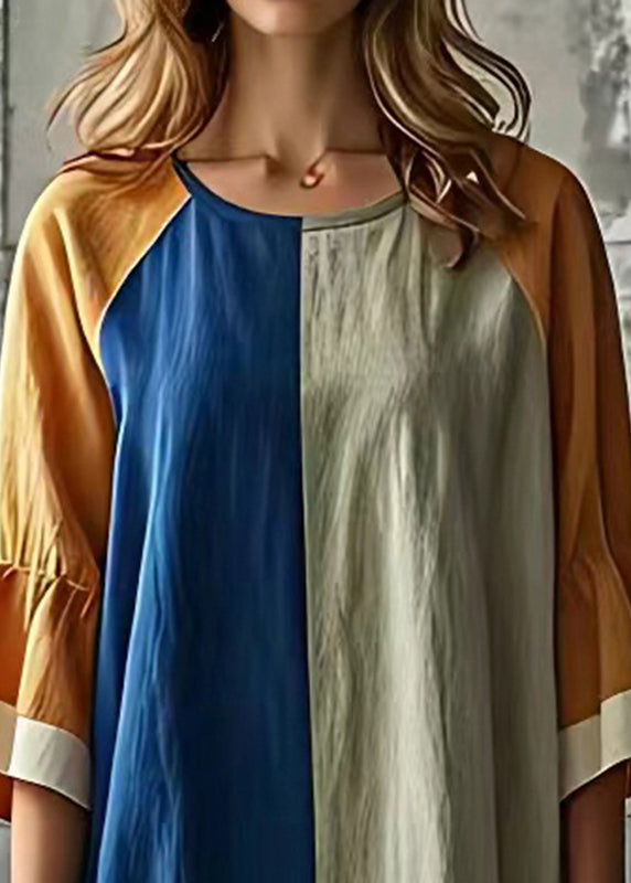 Colorblock Patchwork Cotton Robe Dresses Oversized Flare Sleeve