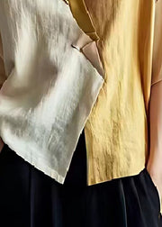 Colorblock Patchwork Linen Blouse Tops V Neck Summer