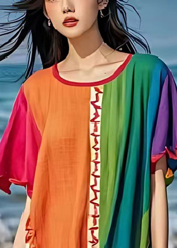 Colorblock Patchwork Linen Long Dress Side Open Summer