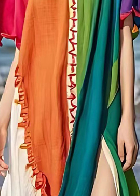 Colorblock Patchwork Linen Long Dress Side Open Summer