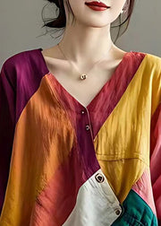 Colorblock Patchwork Linen Loose Blouses Asymmetrical Summer