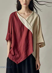 Colorblock Patchwork Linen Shirt V Neck Asymmetrical Summer