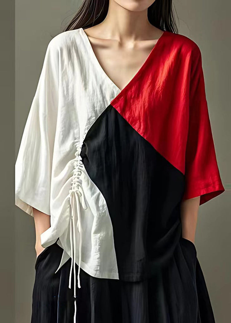 Colorblock Patchwork Linen Tops V Neck Drawstring Summer