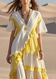 Colorblock Patchwork Ruffled Cotton Long Dress Asymmetrical Summer