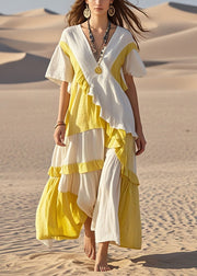 Colorblock Patchwork Ruffled Cotton Long Dress Asymmetrical Summer