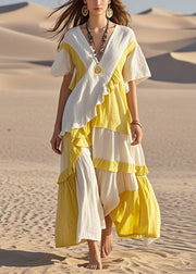 Colorblock Patchwork Ruffled Cotton Long Dress Asymmetrical Summer