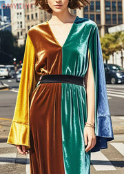 Colorblock Patchwork Silk Velvet Cinched Dresses Side Open Spring