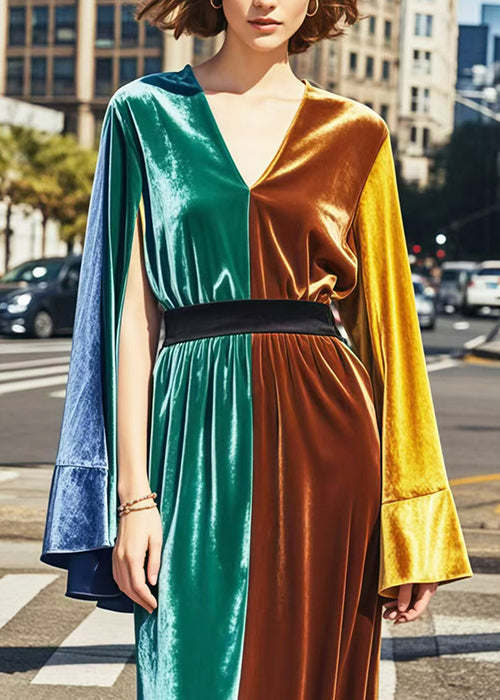 Colorblock Patchwork Silk Velvet Cinched Dresses Side Open Spring