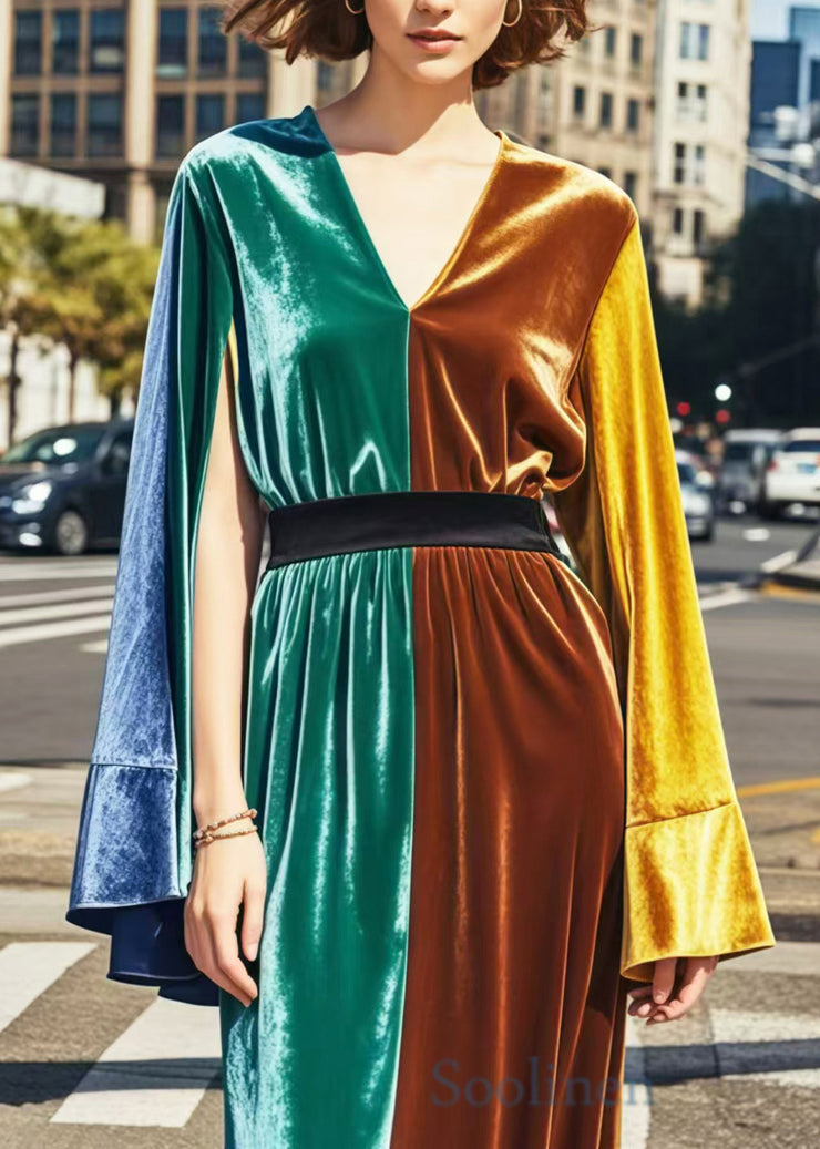 Colorblock Patchwork Silk Velvet Cinched Dresses Side Open Spring