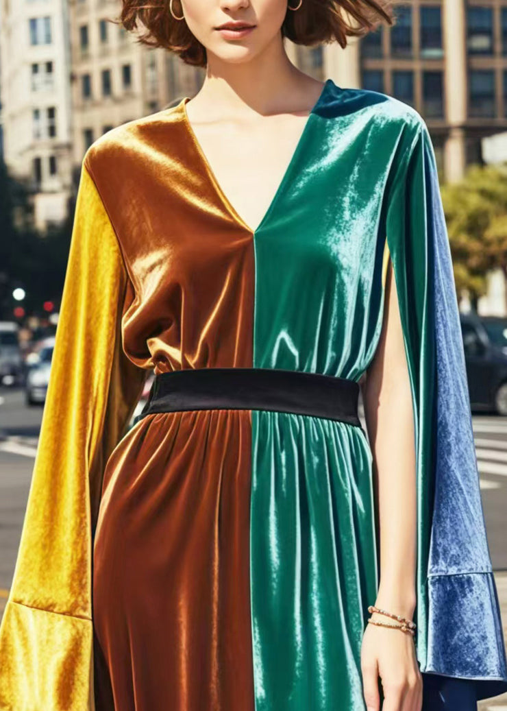 Colorblock Patchwork Silk Velvet Cinched Dresses Side Open Spring