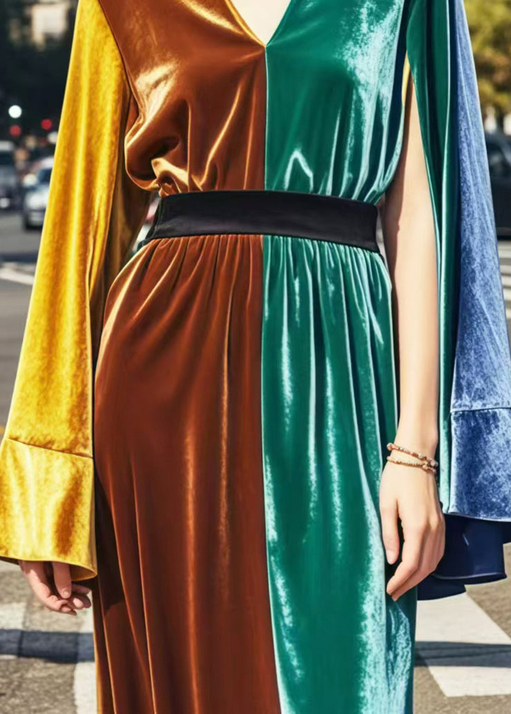 Colorblock Patchwork Silk Velvet Cinched Dresses Side Open Spring