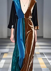 Colorblock Patchwork Silk Velvet Long Dress Deep-V Neck Spring