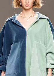 Colorblock Patchwork Silk Velvet Pullover Tops Oversized Drawstring Spring