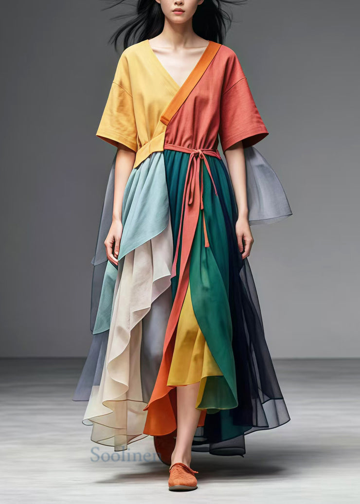 Colorblock Patchwork Tulle Ankle Dress V Neck Tie Waist Summer