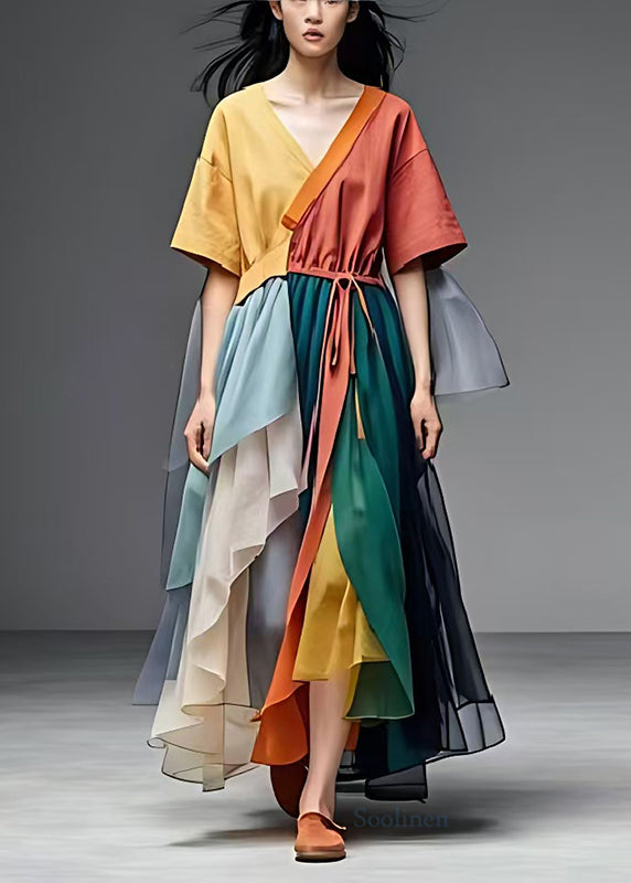 Colorblock Patchwork Tulle Ankle Dress V Neck Tie Waist Summer