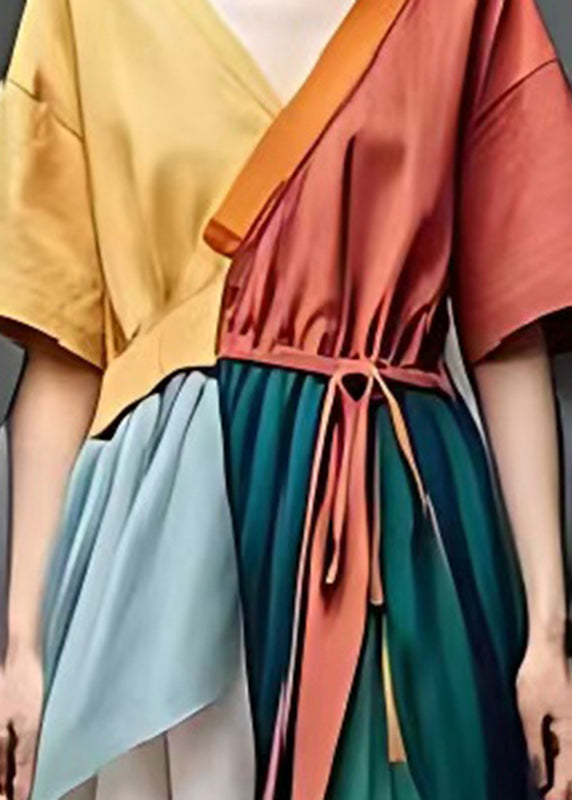 Colorblock Patchwork Tulle Ankle Dress V Neck Tie Waist Summer
