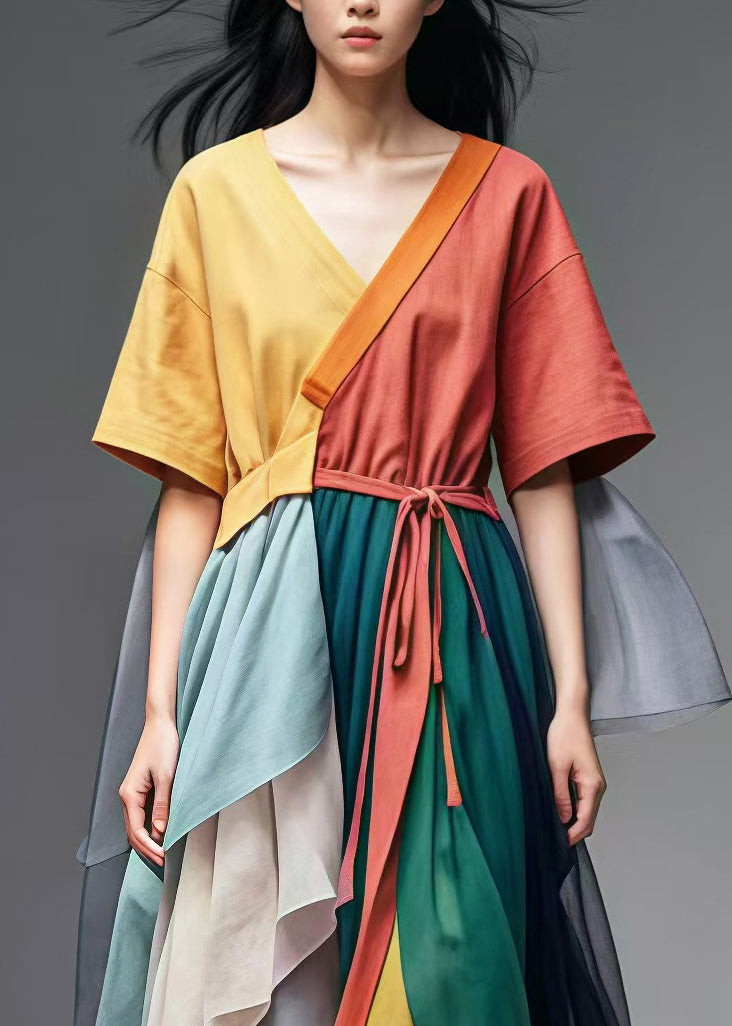 Colorblock Patchwork Tulle Ankle Dress V Neck Tie Waist Summer