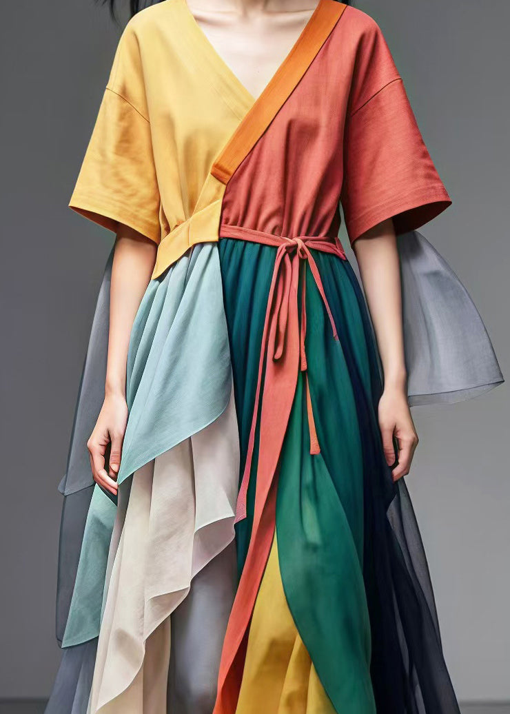 Colorblock Patchwork Tulle Ankle Dress V Neck Tie Waist Summer