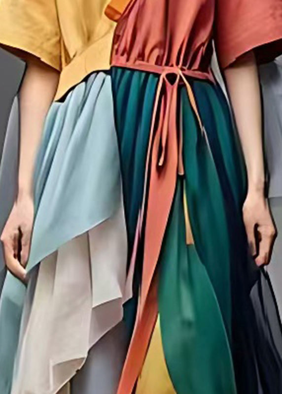 Colorblock Patchwork Tulle Ankle Dress V Neck Tie Waist Summer