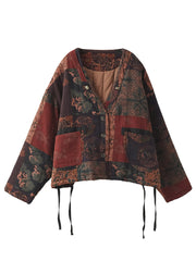 Colorblock Print Pockets Patchwork Cotton Coat V Neck Long Sleeve