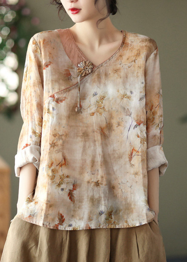 Fine Khaki Floral Linen Blouse Tops Summer