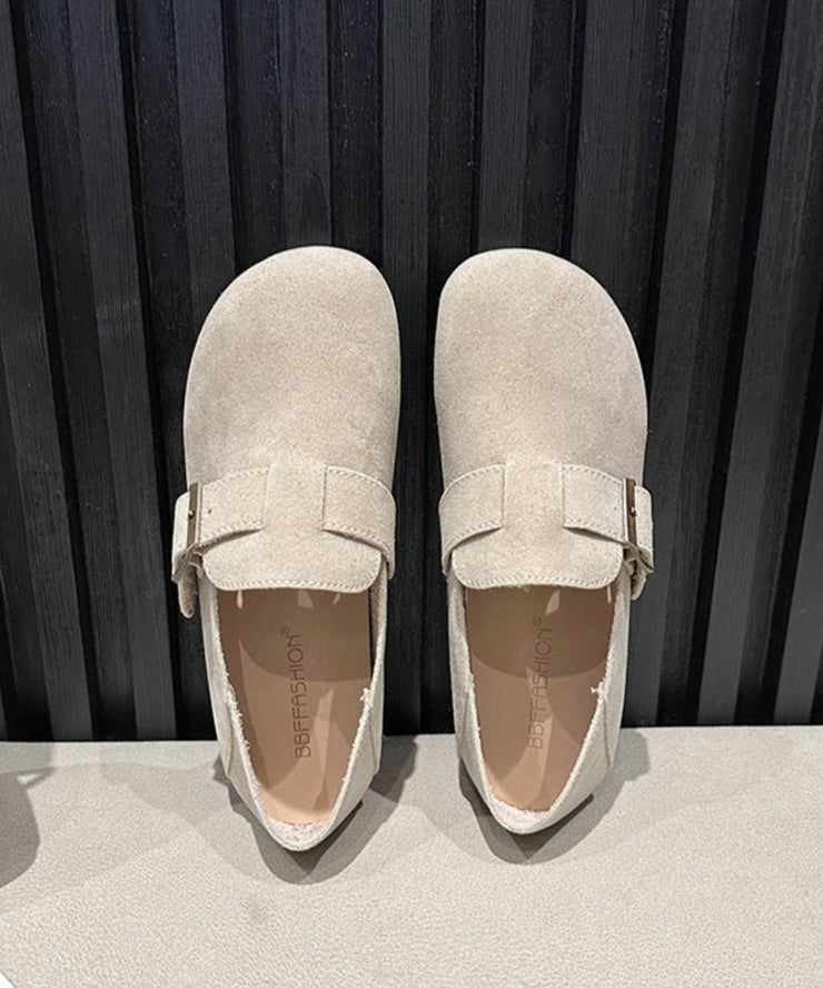 Comfortable Beige Suede Splicing Buckle Strap Flat Shoes