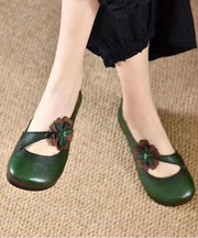 Comfortable Cowhide Leather Floral Splicing Green Flat Shoes For Women