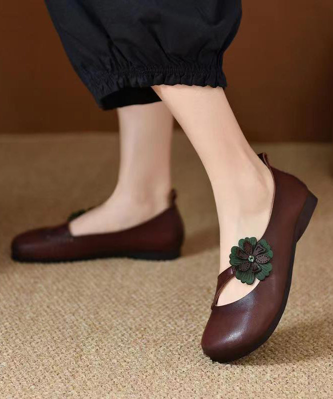 Comfortable Cowhide Leather Floral Splicing Green Flat Shoes For Women