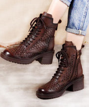 Comfortable Dark Brown Lace Up Hollow Out Zipper Chunky Boots