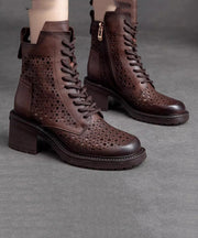 Comfortable Dark Brown Lace Up Hollow Out Zipper Chunky Boots