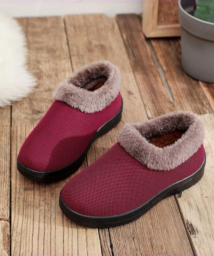 Comfortable Flat Feet Shoes Red Cotton Fabric Fuzzy Wool Lined