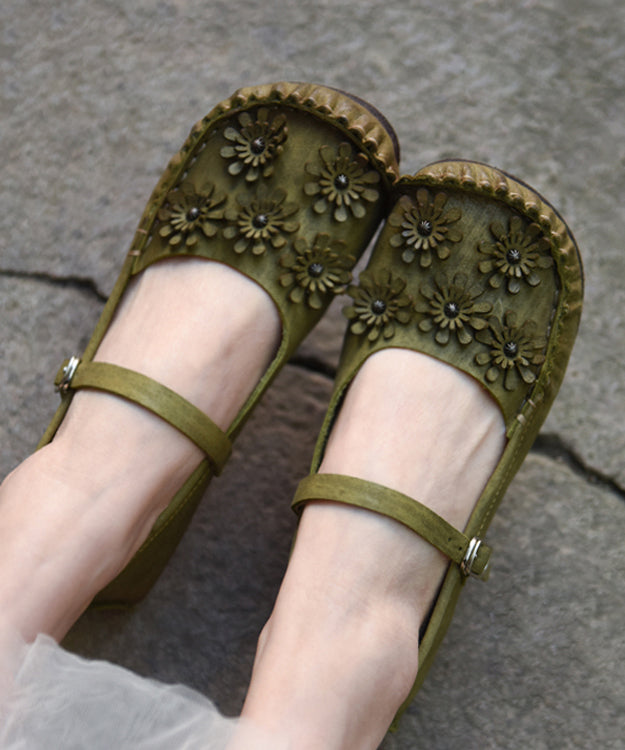 Comfortable Green Flat Feet Shoes Splicing Buckle Strap Floral