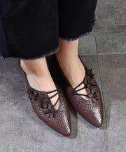 Comfortable Pointed Toe Floral Flats Shoes Black Sheepskin