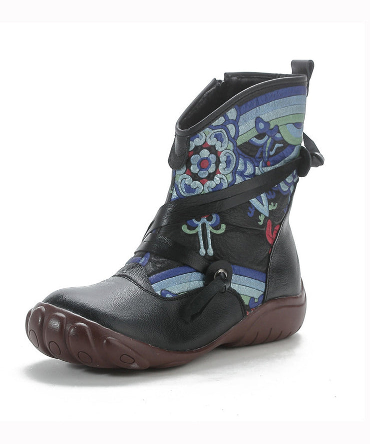 Comfortable Splicing Boots Black Retro Print Cowhide Leather