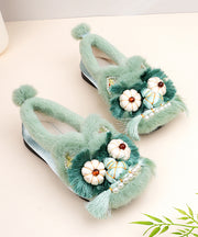 Comfortable Splicing Flat Shoes Green Cotton Fabric Fuzzy Wool Lined