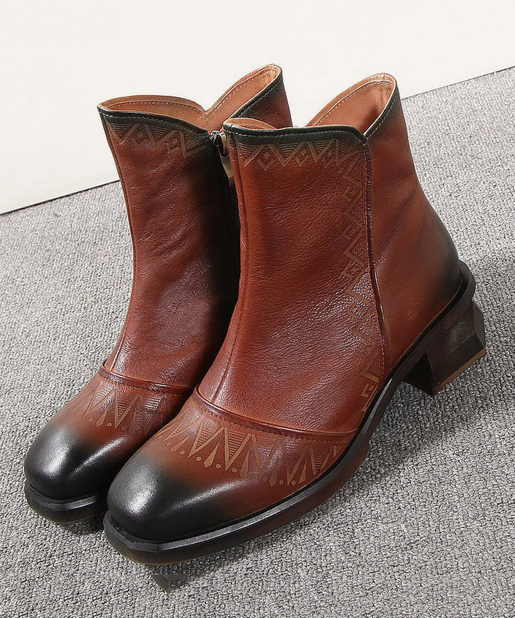 Comfortable Splicing Zippered Chunky Boots Brown Cowhide Leather