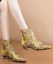 Comfortable Yellow Print Splicing Genuine Leather Chunky Ankle Boots