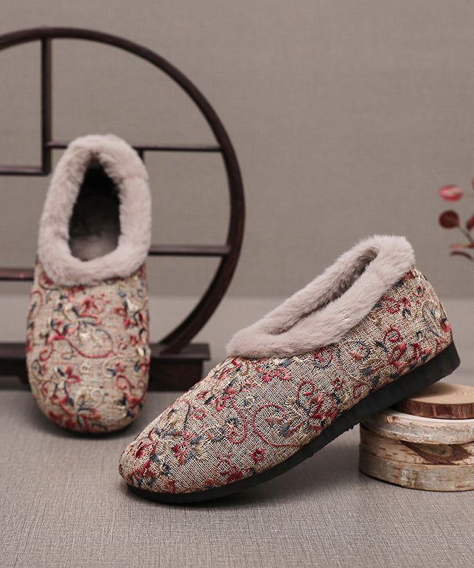 Comfy Beige Embroidery Splicing Flats Fuzzy Wool Lined